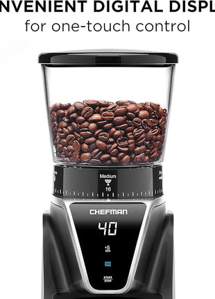 Chefman Conical Burr Coffee Grinder, Create The Boldest & Most Flavorful Grind With 31 Settings From Coarse To Extra Fine, One-Touch Digital Control & 9.7-oz Bean Capacity, Black