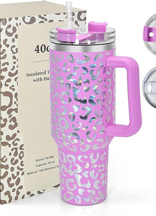 40 oz Tumbler with Handle and Straw, 100% Leak-Proof Travel Mug, Stainless Steel Double Wall Vacuum Insulated Coffee Cup Keeps Cold For 34 Hours, Dishwasher Safe, Lavender Rose Leopard