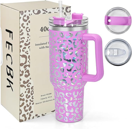 40 oz Tumbler with Handle and Straw, 100% Leak-Proof Travel Mug, Stainless Steel Double Wall Vacuum Insulated Coffee Cup Keeps Cold For 34 Hours, Dishwasher Safe, Lavender Rose Leopard