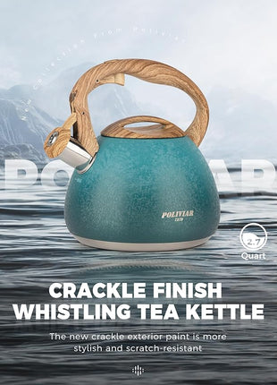 POLIVIAR Tea Kettle, 2.7 Quart Stovetop Tea Kettle, Audible Whistling Teapot with Crackle Finish, Food Grade Stainless Steel for Anti-Rust, Anti Hot Handle, Suitable for All Heat Sources (JX2023-LYD)