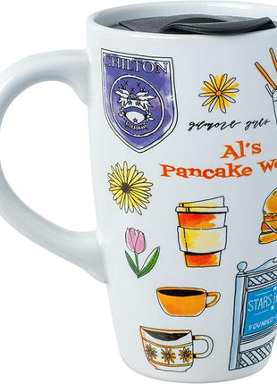 Silver Buffalo Gilmore Girls Iconic Icons Stars Hollow Luke's Diner Ceramic Travel Mug with Slide Close Lid and Handle, 16 Ounces