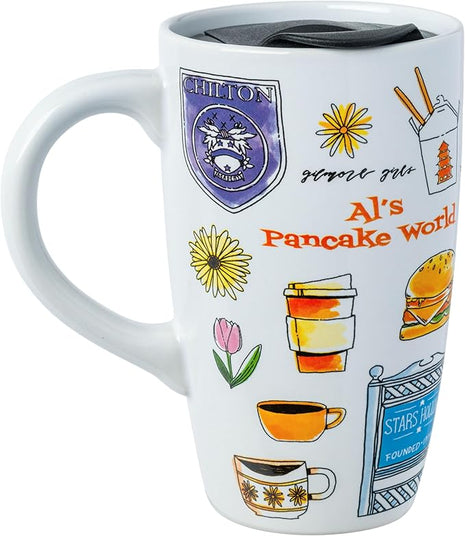 Silver Buffalo Gilmore Girls Iconic Icons Stars Hollow Luke's Diner Ceramic Travel Mug with Slide Close Lid and Handle, 16 Ounces