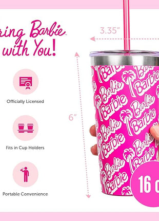 Dragon Glassware x Barbie Vacuum Insulated Tumbler with Lid and Straw - 16 oz Tumbler Cup with 2 Straws - Stainless Steel Tumbler with Straw for Water, Iced Tea - Travel Coffee Tumbler - Classic