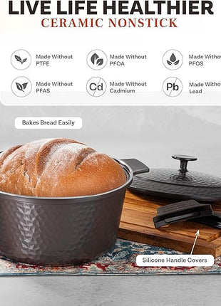 Gotham Steel Hammered 5 Qt Lightweight Dutch Oven Pot with Lid & Holders, Ceramic Non Toxic, Oven Safe & Even Heat Retaining Dutch Oven for Bread Baking Sourdough, Soup, 70% Lighter than Cast Iron