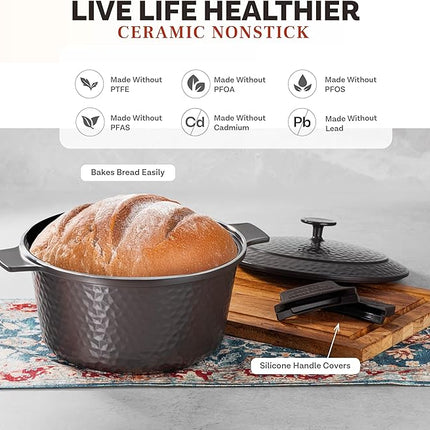 Gotham Steel Hammered 5 Qt Lightweight Dutch Oven Pot with Lid & Holders, Ceramic Non Toxic, Oven Safe & Even Heat Retaining Dutch Oven for Bread Baking Sourdough, Soup, 70% Lighter than Cast Iron