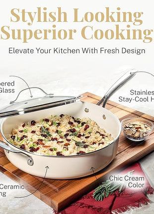 Gotham Steel 5.5 Qt Saute Pan with Lid - Nonstick Deep Frying Pan, 100% PFOA Free Ceramic, Dishwasher Safe, Cream White