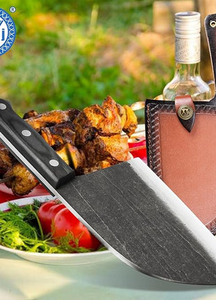 XYJ Authentic Since 1986,Outstanding Ancient Forging,6.7 Inch Full Tang,Serbian Chefs knife,Chef Meat Cleaver,Kitchen Knives,Set with Leather Sheath,Take Carrying,Butcher