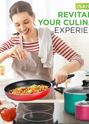 NutriChef 15-Piece Non Stick Kitchen Cookware Set PFOA/PFOS-Free, Colorful Heat Resistant Lacquer w/Saucepot, Frying Pans, Oven Pot, Lids, 5 Utensil - NCCWCOR15