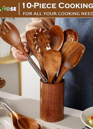 Wooden Spoons for Cooking with Utensils Holder, 10-Pieces Wooden Utensil Set Non-Stick, Natural Teak Cookware Wooden Cooking Spurtle Set, with Stainless Steel Handle