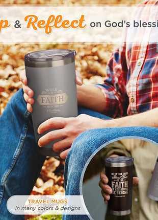 Christian Art Gifts Stainless Steel Double Wall Vacuum Insulated Travel Mug 18 oz Gray Bible Verse Tumbler with Retractable Lid for Men & Women - Walk by Faith - 2 Corinthian 5:7