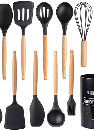 Country Kitchen Non Stick Silicone Utensil Set with Rounded Wood Handles for Cooking and Baking, 14 Piece Set, Black