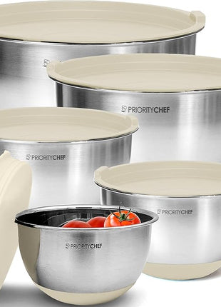 Priority Chef Premium Mixing Bowls With Lids Set, Airtight Lids, Thicker Stainless Steel, Non-Slip Base, 5 Nesting Steel Bowls for Kitchen, Large Prep Metal Bowl Set 1.5/2/3/4/5 Qt, Khaki