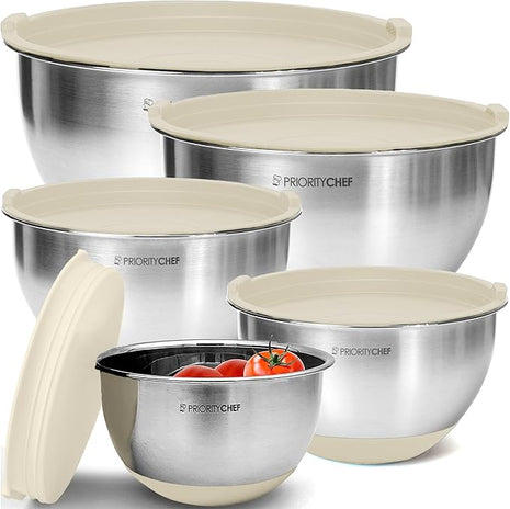 Priority Chef Premium Mixing Bowls With Lids Set, Airtight Lids, Thicker Stainless Steel, Non-Slip Base, 5 Nesting Steel Bowls for Kitchen, Large Prep Metal Bowl Set 1.5/2/3/4/5 Qt, Khaki