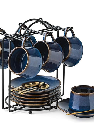 YHOSSEUN Espresso Cups Set of 6, 4 OZ Expresso Shots Cup Small Coffee Cup with Sacuers Metal Stand, Ceramic Espresso Cups for Cappuccino, Latte, Cafe Mocha and Tea, Blue