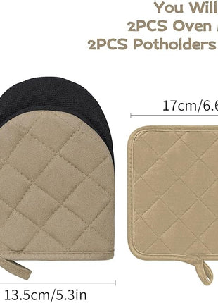 Oven Mitts and Pot Holders Set, Pack of 4, Heat Resistant Silicone Kitchen Mini Oven Mittens for 500 Degrees, Mini Oven Gloves and Hot Pads for Baking Grilling Barbecue Microwave Machine Washable