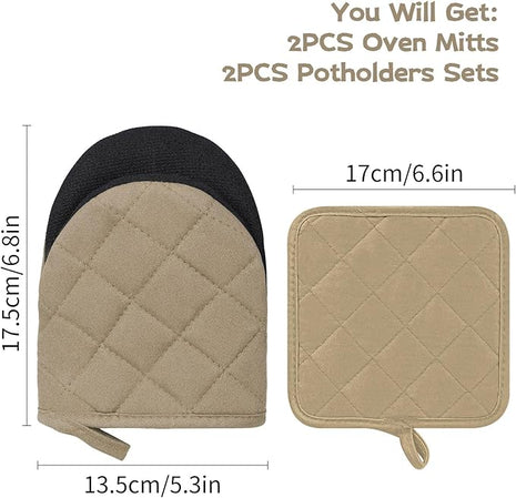 Oven Mitts and Pot Holders Set, Pack of 4, Heat Resistant Silicone Kitchen Mini Oven Mittens for 500 Degrees, Mini Oven Gloves and Hot Pads for Baking Grilling Barbecue Microwave Machine Washable