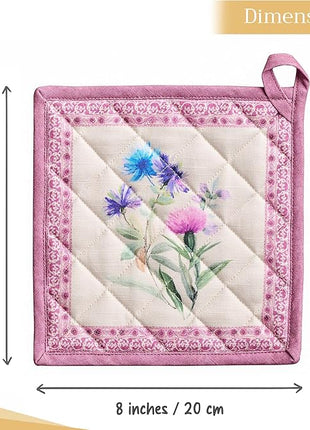 Maison d' Hermine Pot Holders 100% Cotton Heat Resistant Potholders 8" x 8" Hot Pads with Loop BBQ, Cooking, Baking, Grilling, Kitchen, Handling Hot Pans Spring/Summer (Pack of 1, Chardon)
