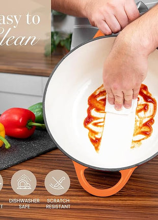 Nuovva Enamelled Cast Iron Dutch Oven Pot with Lid – 6.4 Quart Non Stick Casserole Pot – Heavy Duty & Oven Safe up to 500° F for Bread Baking, Braising, Stews, Roasting – 28cm Orange