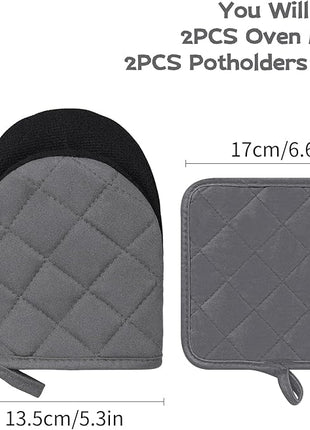 Oven Mitts and Pot Holders Set, Pack of 4, Heat Resistant Silicone Kitchen Mini Oven Mittens for 500 Degrees, Mini Oven Gloves and Hot Pads for Baking Grilling Barbecue Microwave Machine Washable