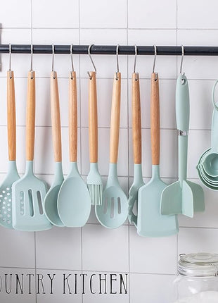 Country Kitchen Non Stick Silicone Utensil Set with Rounded Wood Handles for Cooking and Baking, 38 Piece Set, Mint