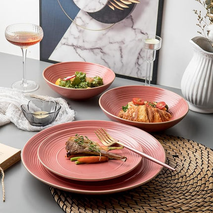 RINGAR Round Stoneware 16pc Dinnerware Set of 4, Dinner Plates, Side Plates, Cereal Bowls, Mugs - Speckle Matte Red (395476)