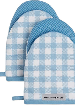 KitchenAid Gingham Mini Oven Mitt 2-Pack Set, Blue Velvet, 5.5"x8"
