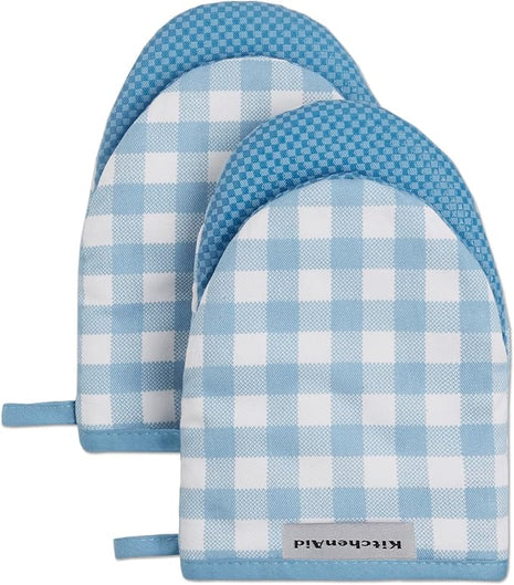 KitchenAid Gingham Mini Oven Mitt 2-Pack Set, Blue Velvet, 5.5"x8"