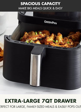 GreenPan Clearview Extra Large 7QT Air Fryer, 360° Clear Window, PFAS-Free Ceramic Nonstick Drawer and Tray, Heat to 400°F, 13-Presets, Shake Reminder, Keep Warm, Delay Start, Dishwasher Safe Parts