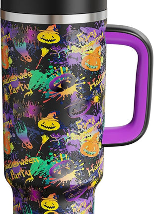 ENCOOL 40 oz Tumbler with Handle and Straw: Stainless Steel Insulated Tumbler Keeps Cold for 24 Hours, Leakproof Travel Cup Fits in Cup Holder and BPA-Free, Meowgic Night