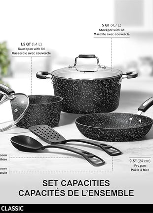 Starfrit The Rock 7PC Non-Stick Cookware Set - Durable Forged Aluminum - Oven Safe - PFOA Free - Easy to Clean - Black