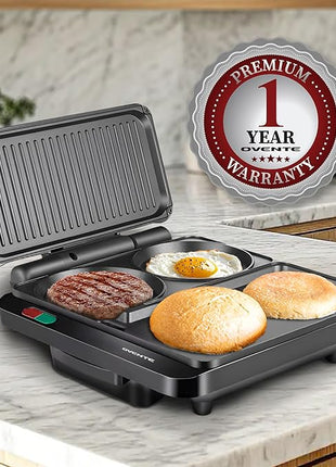 OVENTE Sandwich Maker and Hamburger Grill Machine with Non-Stick Griddle and Griller Plate, 1000W Electric Multipurpose Breakfast Station for Sandwiches, Burgers, Egg Muffin & Pancakes, Black HMG111B