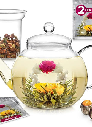 Teabloom Stovetop & Microwave Safe Glass Teapot with Removable Loose Tea Glass Infuser – Includes 2 Blooming Teas – 2-in-1 Tea Kettle and Tea Maker – Tea Purist's Choice