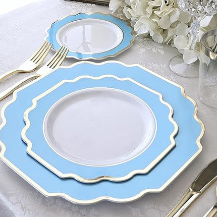 " OCCASIONS " 240 Plates Pack (120 Guests) Heavyweight Wedding Party Disposable Plastic Plates Set -120 x 10.5'' Dinner + 120 x 8'' Salad/Dessert Plate (Imperial Aqua/Gold)