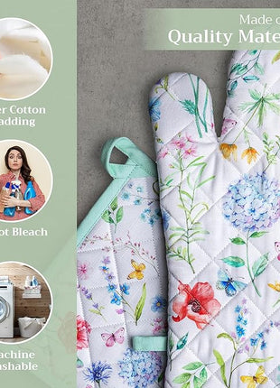 Maison d' Hermine 100% Cotton Oven Mitt & Pot Holder Set (7.5"x13" & 8"x8") Heat Resistant BBQ Cooking Gloves with Loop, Baking, Grilling, Kitchen, Handling Hot Pans Spring/Summer (Just Floral)