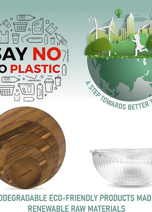 Stackable Space-Saving Set of 5 Nesting Glass Bowls with Acacia Lids for Foodprep, Storage, Mixing & Cooking - Microwave & Oven-ready BPA Free Durable Heat Resistant Inert Borosilicate Glass