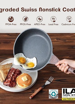 SENSARTE Nonstick Frying Pan Skillets, Swiss Granite Coating Omelette Pans, Healthy Cookware Chef's Pan, Free of Intentionally Added PFOA (8+11Inch with Lid)