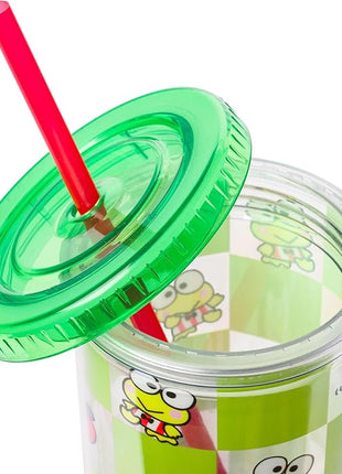 Silver Buffalo Sanrio Hello Kitty and Friends Keroppi Green Checkered Plastic Cold Cup with Lid and Straw, 20 Ounces