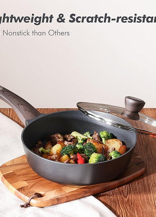 SENSARTE Pots and Pans Set Non stick, Non toxic Healthy Induction Cookware Sets, 14 Pcs Non Stick Kitchen Cooking Set with Frying Pans Set & Saucepan, PFOA PFOS APEO Free, Black