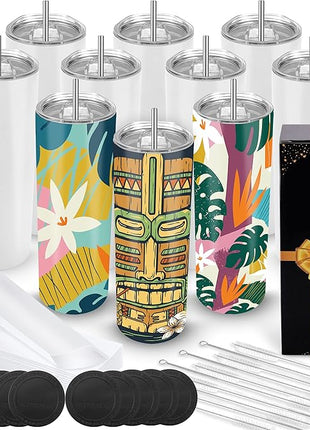 Joyclub Sublimation Tumblers Blanks 20 oz 10 Pack Skinny Straight Tumblers Bulk Stainless Steel Insulated Sublimation Cups with Lid and Straw, Gift Box