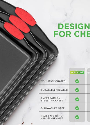 NutriChef 3-Piece Nonstick Kitchen Oven Baking Pans - Premium & Stylish Non-Stick Steel, Commercial Grade Restaurant Quality Metal Bakeware with Red Silicone Handles - Easy to Clean, NCSBS3S