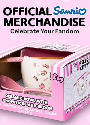 Silver Buffalo Sanrio Hello Kitty Apples and Cinnamon Ceramic Ramen Noodle Rice Bowl with Chopsticks and Spoon, Microwave Safe, 20 Ounces