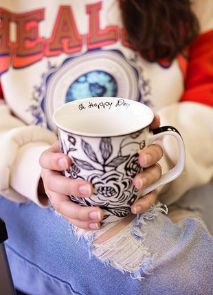 Karma Gifts 14 oz Black and White Boho Mug Celestial - Cute Coffee and Tea Mug - Ceramic Coffee Mugs for Women and Men