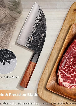 FINDKING Dynasty Series Serbian Chefs Knife with Leather Sheath, Heavy Duty Meat Cleaver, 9Cr18MoV High Carbon Steel Blade, African Rosewood Octagonal Handle, for Meat, Chicken Bones, 6.5 Inches