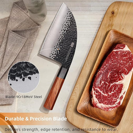 FINDKING Dynasty Series Serbian Chefs Knife with Leather Sheath, Heavy Duty Meat Cleaver, 9Cr18MoV High Carbon Steel Blade, African Rosewood Octagonal Handle, for Meat, Chicken Bones, 6.5 Inches