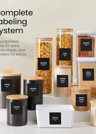 Talented Kitchen 144 Minimalist Pantry Labels – Preprinted White All-Caps on Matte Black Vinyl Stickers, Water-Resistant Adhesive Labels for Kitchen, Jars, Containers, Spices & Pantry Organization