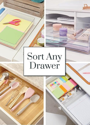 STORi SimpleSort 2-Piece Stackable Clear Drawer Organizer Set | 12" x 9" x 2" Rectangle Trays | Wide Makeup Vanity Storage Bins and Office Desk Drawer Dividers | Made in USA