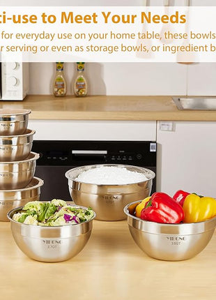 YIHONG 7 Piece Metal Mixing Bowls with Lids for Kitchen, Stainless Steel Set Ideal for Baking, Prepping, Cooking and Serving Food, Nesting Design for Space Saving Storage (Khaki)