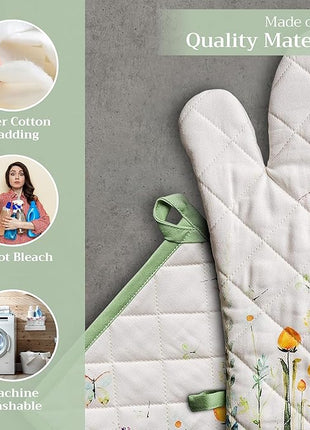 Maison d' Hermine 100% Cotton Oven Mitt & Pot Holder Set (7.5"x13" & 8"x8") Heat Resistant BBQ Cooking Gloves with Loop, Baking, Grilling, Kitchen, Handling Hot Pans Spring/Summer (Botanical Fresh)