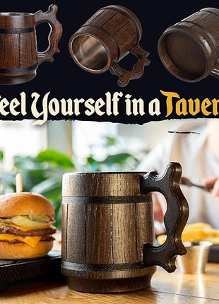 Set of 6 Beer Mug 20 OZ - Tankard Mug - Beer stein - Wooden beer mug - Stainless Steel Cup - Handmade Gifts for Men - Fathers Day, Christmas or Birthday Gift Idea - Retro Brown