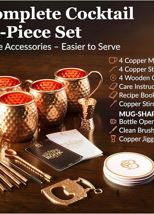 Moscow Mule Copper Mugs - Unique HANDCREFTED Gift Set of 4, Hammered by Artisan, 100% Pure Solid Copper Cups 16oz for Drinking Water & Cocktails, Include 18 Pcs accessories & Special Opener
